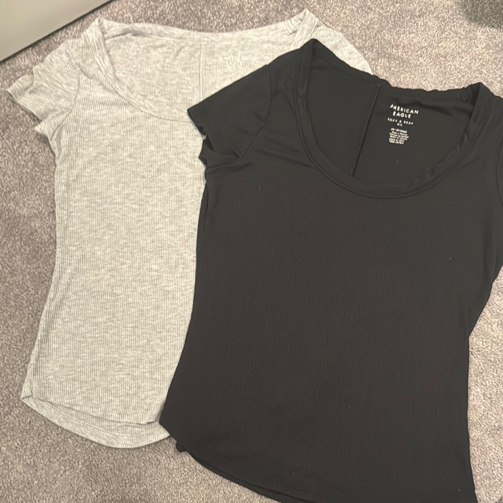 American Eagle Outfitters Gray and Black Fitted Short Sleeve Tops - BUNDLE